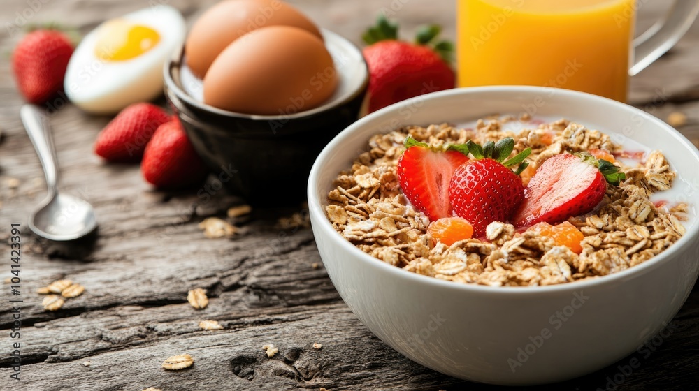 Bowl of cereal with strawberries and milk accompanied by fresh coffee orange juice and an egg Ideal for a balanced breakfast Bowl of cereal with strawberries and milk accompanied by fresh coffee orange juice and an egg Ideal for a balanced breakfast