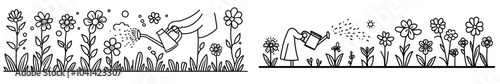 In this illustration, a hand holds a watering can, pouring water on a row of simple, stylized flowers. There are two illustrations side by side.