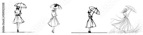 Monochrome minimalistic drawing of a flowing dress and umbrella. An expression of simplicity and elegance.