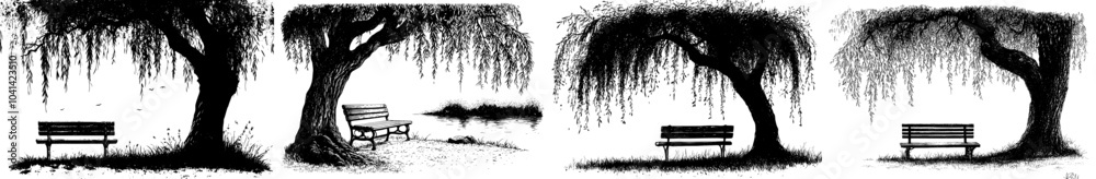 Obraz premium An engraving of a bench willow tree with an outline in black and white