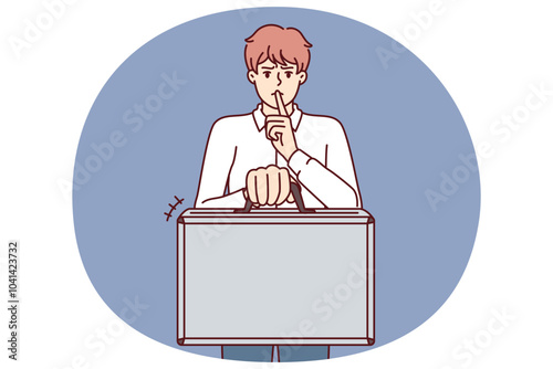 Business man holds suitcase and calls for silence without disclosing terms of contract and NDA rules for company employees. Concept of giving bribe or selling insider information for business purposes