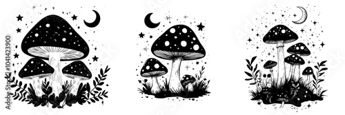 An illustration of a mushroom with stars and moons done by hand