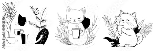 White background with a cute cat illustration and coffee cup