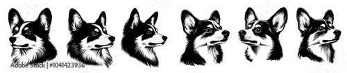 A monochrome silhouette of a Pembroke Welsh Corgi dog. Views from side and front. Clean, dark line work. Cute animal. Isolated modern illustration on white.
