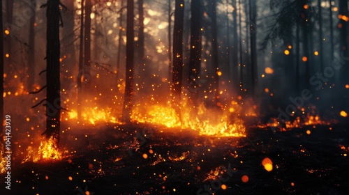 Dramatic Blurry Scene of a Forest Fire with Bright Illumination