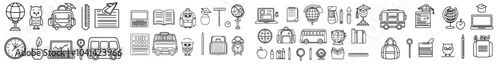 Symbols and objects related to back to school education in modern line art illustrations