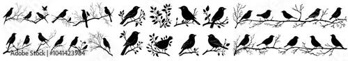 The birds are on the tree branch icons set. Little various songbird silhouettes. Wild life symbol, freedom and harmony, black and white flat style isolated modern clip art.