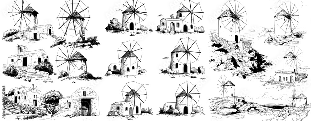 Naklejka premium Hand drawn sketch style illustration of chora windmills on a white background. Monochrome outline image of windmills with a white background