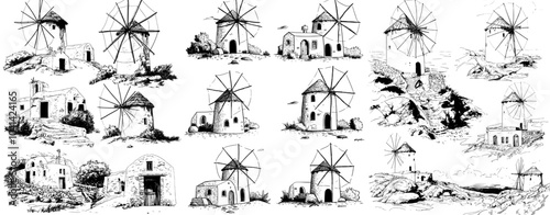 Hand drawn sketch style illustration of chora windmills on a white background. Monochrome outline image of windmills with a white background