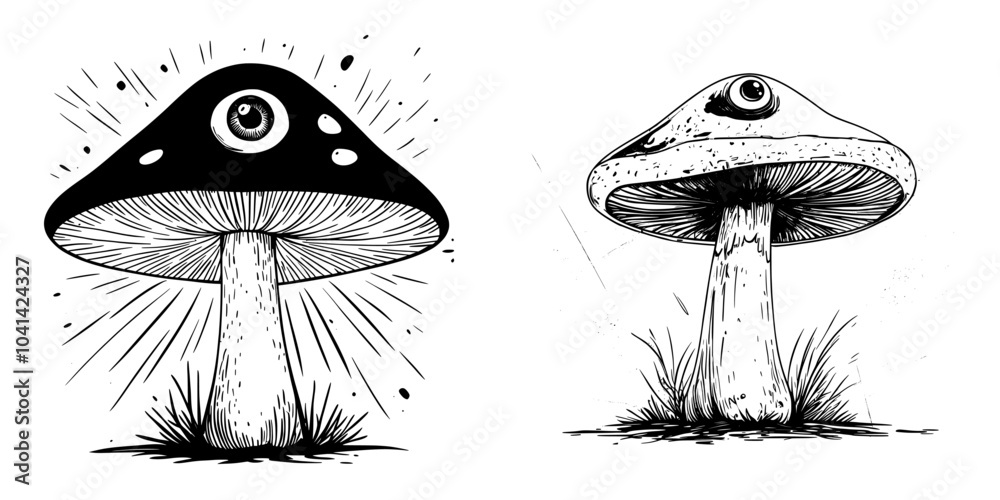 Drawing of an eye on a mushroom in blue ink with a surrealistic sense of reality Drawing of an eye on a mushroom in blue ink with a surrealistic sense of reality