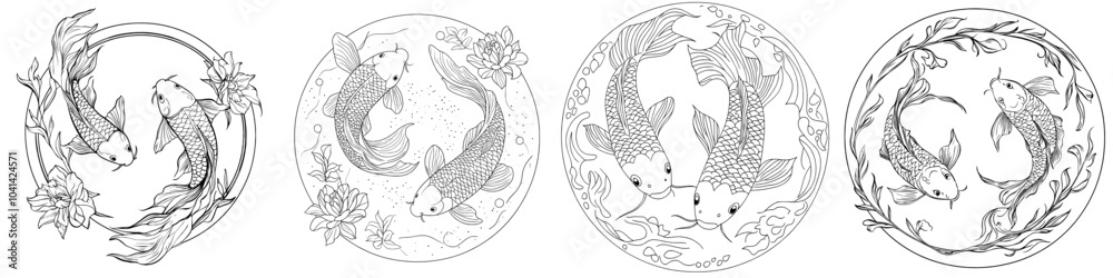 Drawing sketch style illustration of a koi or nishikigoi carp swimming in a circle on an isolated background in black and white. Drawing sketch style illustration of a koi or nishikigoi carp swimming in a circle on an isolated background in black and white.
