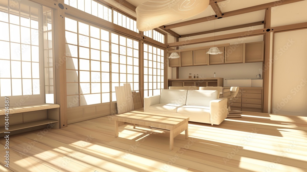 Obraz premium Minimalist, japandi interior design of modern living room - an elegant and serene space. This modern living room showcases a minimalist Japandi interior design, with clean lines and a harmonious blend