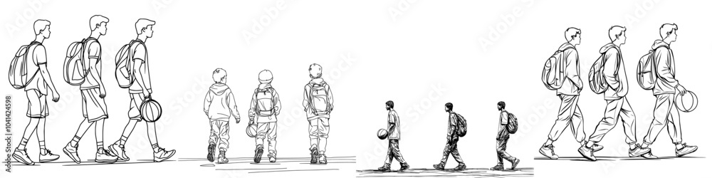 Fototapeta premium This is a contemporary drawing of three boys playing ball with a single line of text