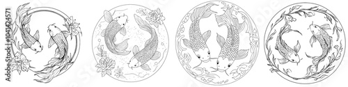 Drawing sketch style illustration of a koi or nishikigoi carp swimming in a circle on an isolated background in black and white.