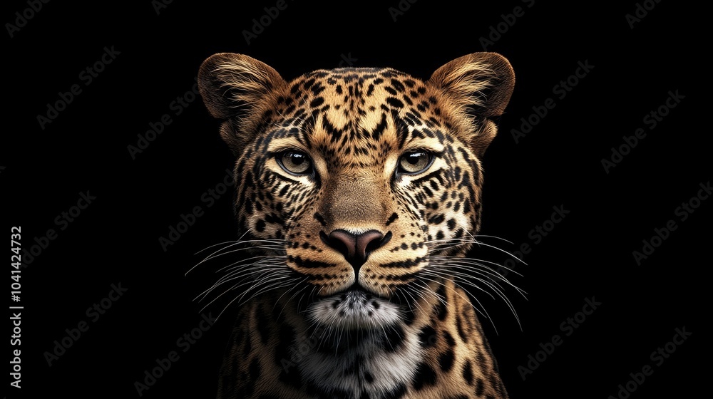 Fototapeta premium Leopard portrait featuring the animal s face against a dark backdrop