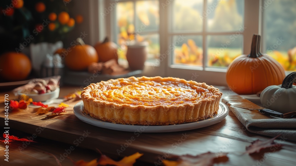 Whole homemade traditional American pumpkin pie on a wooden background Whole homemade traditional American pumpkin pie on a wooden background