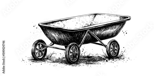 Illustration of a vintage wheelbarrow on an isolated background. Linear drawing of the wheelbarrow. Retro cart for autumn design. Black engraving of old equipment.