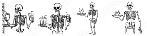 An elegant skeleton waiter carries cocktails on a transparent tray in black ink. A simple minimalistic modern drawing in black ink on a transparent background.