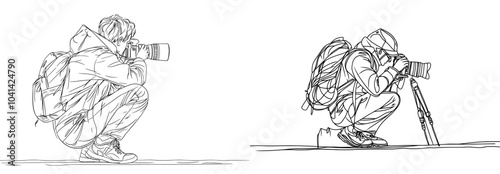 Illustration of a photographer capturing the perfect shot using a camera in a minimalistic style