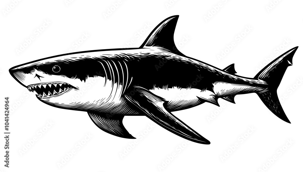 A hand-drawn illustration of a shark in black and white in an engraved style A hand-drawn illustration of a shark in black and white in an engraved style