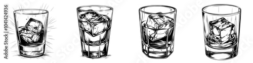 The illustration depicts a woodcut style illustration of a vintage whiskey glass and ice cubes