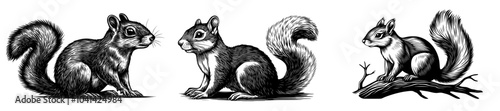 Black and white squirrel illustration hand-drawn in engraving style