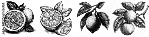 Illustration in a Vintage Engraved Style of Black and White Lemon Sketch