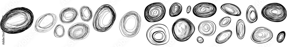Set of black crayon ovals and circles. Ellipses in doodle style red pencil. Round freehand shapes, highlights in red. Set of black crayon ovals and circles. Ellipses in doodle style red pencil. Round freehand shapes, highlights in red.