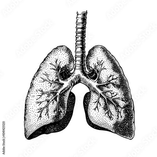 An illustration of human lungs isolated on a transparent background with dotted photocopy texture in a halftone collage style.