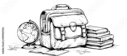 Drawing in charcoal of a backpack and school supplies Travel Globe Books and Pens for Education Adventure Sketch Art Design Element Hand Drawn Monochrome Artwork