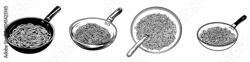 Hand drawn, modern illustration of a wok of fried noodles cooking Chinese dish. Noodles, vegetables, and meat tossed in the frying pan to cook the dish. Asian food, cooking process mascot, modern