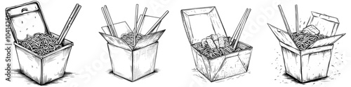 Outline slices of vegetables, meat, or fish falling into an open cardboard container. Asian food mascot, hand drawn rice and chopstick icon.
