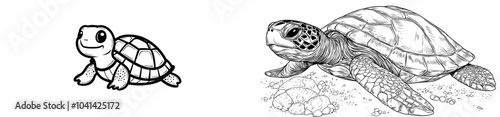 Drawing of a turtle walking and showing its shell with circles