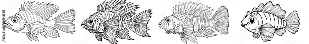 The black and white line drawing shows a stylized fish with detailed fins and stripes, which is perfect for coloring books or art projects. The black and white line drawing shows a stylized fish with detailed fins and stripes, which is perfect for coloring books or art projects.