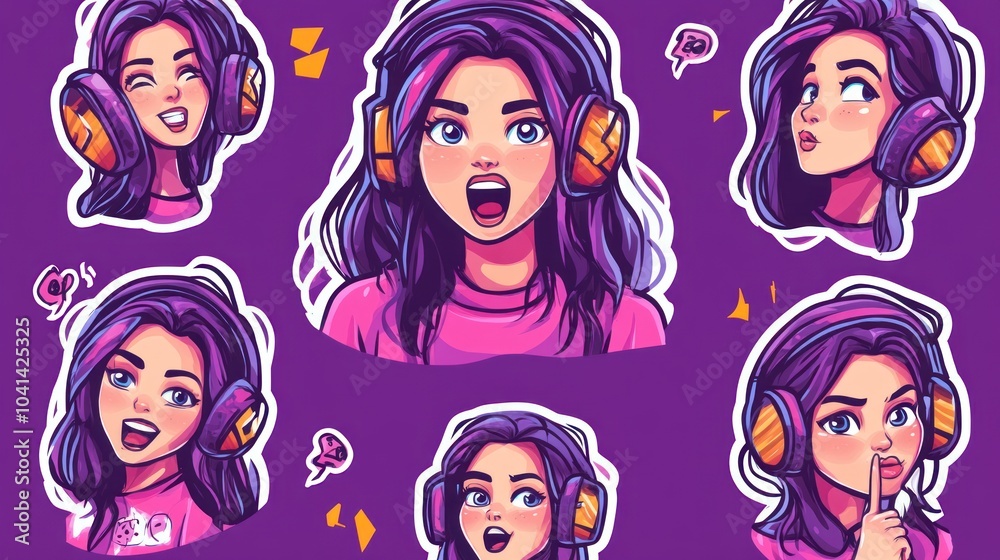 Six sticker illustrations of a young woman with purple hair and headphones wearing a pink shirt expressing various emotions on a purple background. Six sticker illustrations of a young woman with purple hair and headphones wearing a pink shirt expressing various emotions on a purple background.
