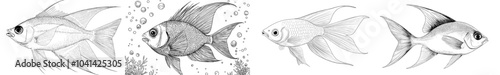Black and White Illustration of a Graceful Fish with Flowing Fins in Stylized Artwork