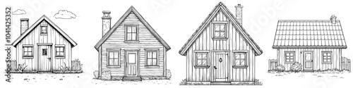 A rustic cabin with a chimney on an isolated background rendered in a linear style. A hand-drawn rural building designed to be used for a modern illustration.