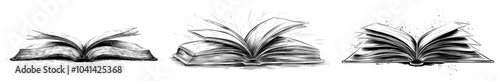 Illustration of an open book with pages spread out in black and white