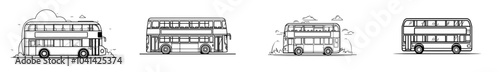 The illustration of a vintage double-decker bus is simple and black and white with classic lines