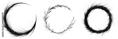 For autumn cards and invitations, a botanical wreath with twigs and branches is designed with black outline frame and twisted plant elements. A circular border etched with a circular pattern is used