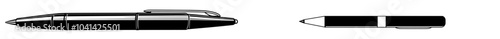 Black and white outline of a ballpoint pen with a pointed tip, cap, and clip. Ideal for office supplies, writing tools, stationery, educational materials, and graphic design.