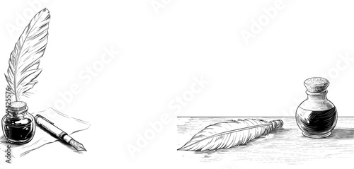 A monochrome drawing of an ancient pen and inkwell. An ink drawing of feathers and inkwells.