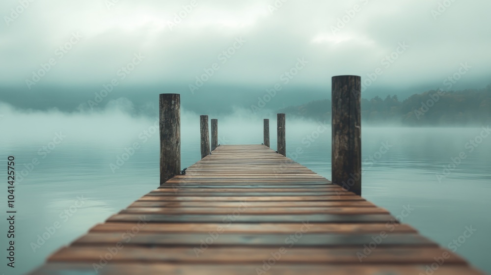 Fototapeta premium Wooden dock stretching into a serene misty lake beneath a cloudy sky Close up view