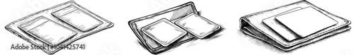 A notebook with a line drawing, sketch, a business card organizer, blank papers & pages, and a planner with a pocket - all on a white background with contoured hand-drawn modern illustrations.