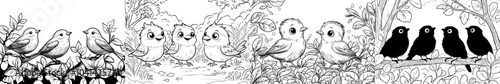 Children's and adult coloring book page showing birds perched on leaves