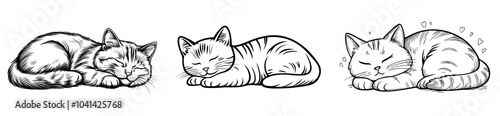A minimalist line art illustration of an unwinding sleeping cat