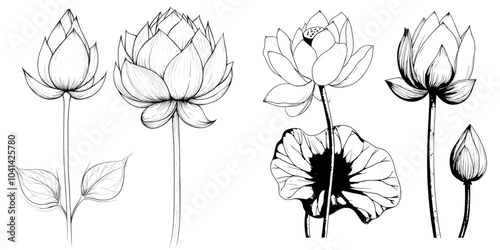 An isolated monochrome illustration of waterlily buds on a white background. Ink sketch of two lilies. For design purposes. Ideal for posters, weddings, icons, tattoos, etc.