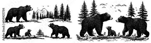 Illustrations of black and white bears in trees, suitable for nature-themed designs