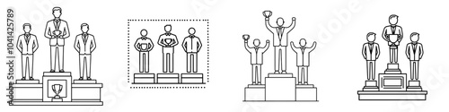 It depicts three people on a podium, holding trophies, the center person on the highest platform holding the trophy symbolizing victory and success.