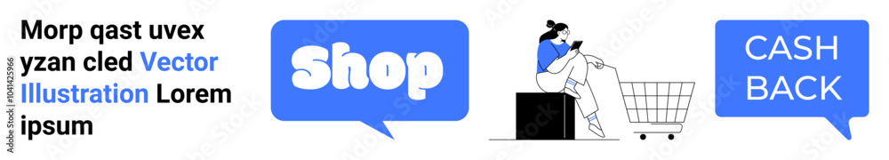 Person with phone next to shopping cart and SHOP speech bubble with CASH BACK speech bubble. Ideal for e-commerce, online shopping, cashback programs, digital marketing, and web design. Vector, blue Person with phone next to shopping cart and SHOP speech bubble with CASH BACK speech bubble. Ideal for e-commerce, online shopping, cashback programs, digital marketing, and web design. Vector, blue